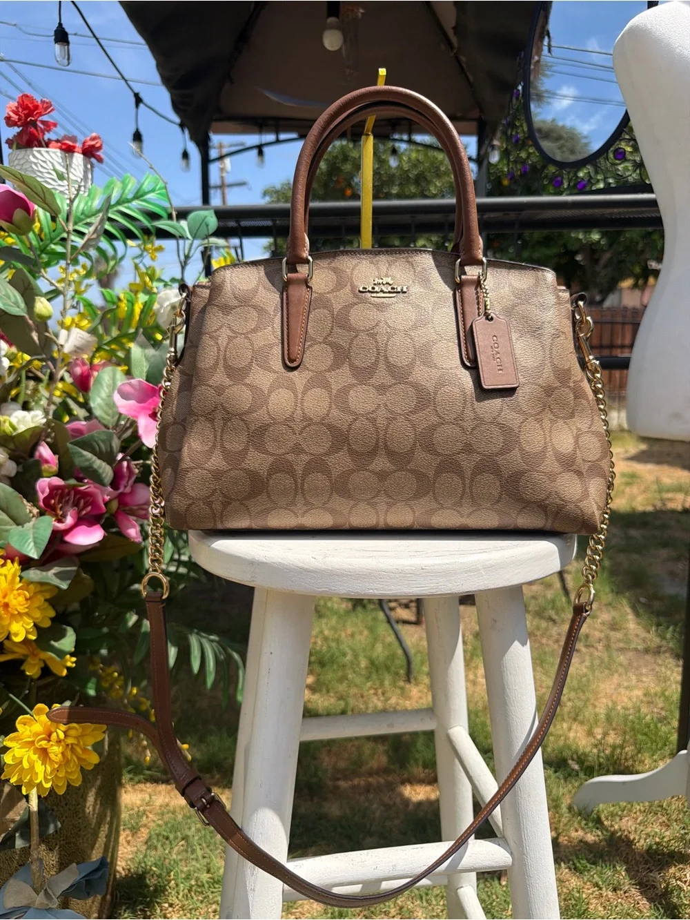 Coach Brown Signature Dome Satchel with Chain-Strap